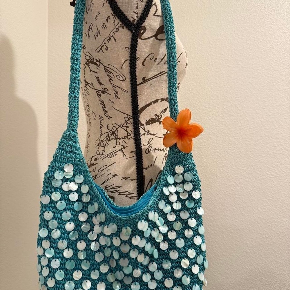 2000s  fairy teal blue crochet shell beaded hobo sequin bag
